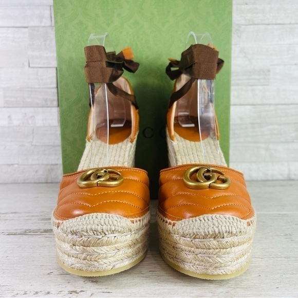 GUCCI SZ 40 Nappa Matelasse GG Marmont Ankle Wrap Espadrille Wedge Cognac - Picture 4 of 14